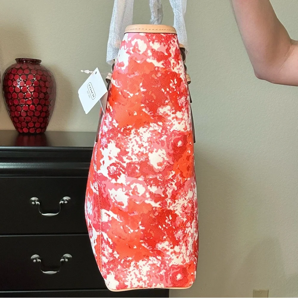 Coach Red and Pink Payton Floral Print Zip Top Tote Bag MSRP $328 - Picture 4 of 16